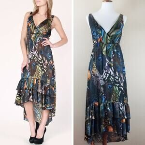 Romeo & Juliet Couture Peacock Feather Hi-Low Maxi Dress - Ruffle Tiered S